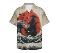 GLUDEAR Men's Paint The Great Wave Off Kanagawa 3D Print Casual Button Down Shirt, Red Moon Wave Warrior Samurai, XL