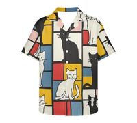GLUDEAR Men's Picasso Art 3D Print Casual Button Down Short Sleeve Cuba Collar Shirt, Geometry Abstract Cat, Large