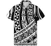 GLUDEAR Men's Polynesian Tribal 3D Print Casual Button Down Short Sleeve Cuba Collar Shirt, Black White, Medium