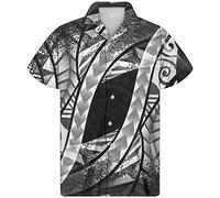 GLUDEAR Men's Polynesian Tribal 3D Print Casual Button Down Short Sleeve Cuba Collar Shirt, Grey Geo, Large