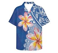 GLUDEAR Men's Polynesian Tribal 3D Print Casual Button Down Short Sleeve Cuba Collar Shirt, Pink Plumeria Island Royal Blue Leaf, Large