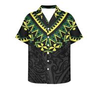 GLUDEAR Men's Polynesian Tribal 3D Print Casual Button Down Short Sleeve Cuba Collar Shirt, Tribal Black, Large