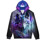 GLUDEAR Men's Realistic 3D Digital Print Pullover Hoodie Hooded Sweatshirt, Blue Galaxy Wolf Moon, Medium