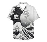 GLUDEAR Men's Van Gogh The Great Wave Off Kanagawa 3D Print Casual Button Down Shirt, Grey White Great Wave, Large
