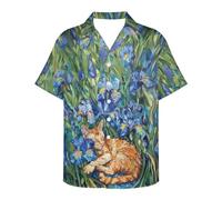 GLUDEAR Men's Van Gogh The Great Wave Off Kanagawa 3D Print Casual Button Down Shirt, Van Gogh Irises Cat Oil Paint Art, XL