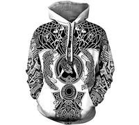 GLUDEAR Men's Vikings Tattoo Norse Mythology 3D Print Hoodie Pullover Sweatshirt,Viking Wolf,XXL