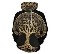 GLUDEAR Men's Vikings Tattoo Norse Mythology Graphic 3D Print Hoodie Pullover Sweatshirt Hoodies, Golden Life Tree Yggdrasil, X-Large
