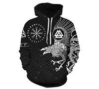 GLUDEAR Men's Vikings Tattoo Norse Mythology Graphic 3D Print Hoodie Pullover Sweatshirt Hoodies, Raven Compass Runic, Medium