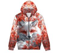 GLUDEAR Unisex Realistic 3D Digital Print Full Zip Hoodie Jackets Hooded Sweatshirt, Cherry Blossom White Fox, Large