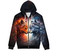 GLUDEAR Unisex Realistic 3D Digital Print Full Zip Hoodie Jackets Hooded Sweatshirt, Fire Ice Wolf Smoke, XL