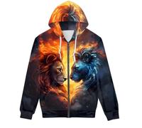 GLUDEAR Unisex Realistic 3D Digital Print Full Zip Hoodie Jackets Hooded Sweatshirt, Fire Lions, X - S