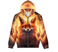 GLUDEAR Unisex Realistic 3D Digital Print Full Zip Hoodie Jackets Hooded Sweatshirt, Fire Moon Fox, XL