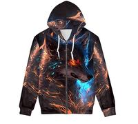 GLUDEAR Unisex Realistic 3D Digital Print Full Zip Hoodie Jackets Hooded Sweatshirt, Fire Red Eye Wolf, Medium