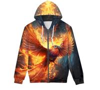 GLUDEAR Unisex Realistic 3D Digital Print Full Zip Hoodie Jackets Hooded Sweatshirt, Flame Feather Bird, 4XL