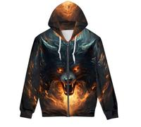 GLUDEAR Unisex Realistic 3D Digital Print Full Zip Hoodie Jackets Hooded Sweatshirt, Flame Roar Black Wolf, XX-L