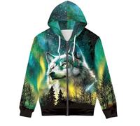 GLUDEAR Unisex Realistic 3D Digital Print Full Zip Hoodie Jackets Hooded Sweatshirt, Green Aurora Forest Wolf, M