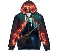 GLUDEAR Unisex Realistic 3D Digital Print Full Zip Hoodie Jackets Hooded Sweatshirt, Grim Reaper Flame Guitar, 5XL