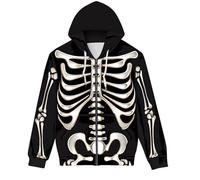 GLUDEAR Unisex Realistic 3D Digital Print Full Zip Hoodie Jackets Hooded Sweatshirt, Halloween Human Skeleton Skull, XL
