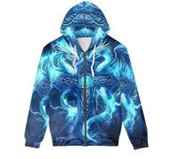 GLUDEAR Unisex Realistic 3D Digital Print Full Zip Hoodie Jackets Hooded Sweatshirt, Lightning Viking Dragon Cross, XX-L