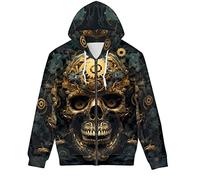 GLUDEAR Unisex Realistic 3D Digital Print Full Zip Hoodie Jackets Hooded Sweatshirt, Mechanical Metal Skull, XL
