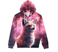 GLUDEAR Unisex Realistic 3D Digital Print Full Zip Hoodie Jackets Hooded Sweatshirt, Purple Galaxy Fox, Large