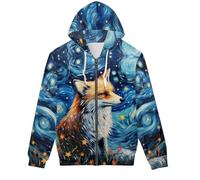 GLUDEAR Unisex Realistic 3D Digital Print Full Zip Hoodie Jackets Hooded Sweatshirt, Van Gogh Starry Night Fox, Large