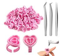 Glue Rings for Eyelash Extensions, 100Pcs Flower Shaped Plastic Lash Glue Rings with 3Pcs tweezers for Eyelash Extension, Plastic Makeup Glue Holder Rings for Eyelashes Supplies
