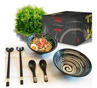 GlücksKompass Japanese Ramen Bowl Set (microwavable) Made of Ceramic (8 pcs) with Chopsticks, Ceramic Spoons, Large 8 inches Diameter, 32 oz (1 Quart) | Pho Bowls Noodle Soup Bowl Asian Rice Bowl
