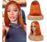 Glueless Bob Wigs Ginger Orange Pre Drawn Human Hair 13 x 4 Inches Transparent Lace Front Ginger Bob Wig for Wearing and Wearing