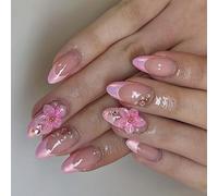 Glueless False Stakes Short Almond Shape Depth Be in Flower Design Pearlized French Manicure ABS Hard Wearing Acrylic Stakes Short Almond Molded Press Ons