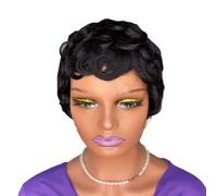 Glueless Short Pixie Wigs for Black Women, Layered Curly Wavy Wig With Bangs for Daily Use Natural Black