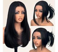 Glueless Synthetic Lace Front Wig 26 Inches Long Straight Black Wigs for Black Women 13x5x1 HD Lace Hand Tied Pre Plucked Hairline (#1B Natural Black, 26 Inch)