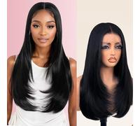 Glueless Synthetic Lace Front Wig 26 Inches Long Straight Wig Pre Plucked Pre Cut for Beginners 13x5x1 HD Lace Hand Tied (#1B Natural Black, 26 Inch)