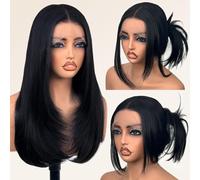 Glueless Synthetic Lace Front Wig 26 Inches Pre Plucke Long Straight Black Wigs for Black Women 13x5x1 HD Lace Hand Tied (#1B Natural Black, 26 Inch)