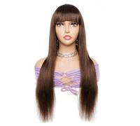 Glueless Wigs With Blunt Bang Straight Fringe Darkest Brown Full Machine Made Human Hair Wigs