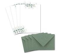 Glüxx Agent 50 Letter Paper Sets DIN A5 - Natural Paper in Cream with Eucalyptus Branches - with Envelopes DIN C6 in Eucalyptus Green - Vintage Style, Printable for Wedding Invitations