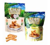 Gluten Free Sweet Thai Crispy Rice Rolls - Durian & Coconut Duo Bundle - 2 x 100g - Made with Delicious Jasmine Rice and Coconut Milk - Light, Crunchy & Exotic Vegetarian Snacks Trans Fat Free