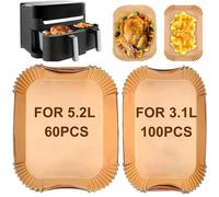 Glvomazty Baking Paper For Deep Fryer for Moulinex Tefal 5.2L/3.1L, Parchment Paper for Philips Airfryer Series 3000 Air Fryer, Deep Fryer for Large and Small Two Drawer Fryer(60pcs+100pcs)
