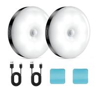 GLVSAE Motion Sensor Lights Indoor, Stick on LED Puck Lights, Rechargeable Wardrobe Light, Cool White Light, 3 Operating Modes, Adjustable Brightness for Bedroom, Under Cabinet, Stairs (Black)