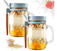 Glvyou 2 Pack Overnight Oats Jars Overnight Oats Container with Lids & Spoons 16oz/480ml Glass Mason Jars Reusable Oatmeal Container Portable Breakfast Jars for Salads Milk Cereal Fruit(Grey)
