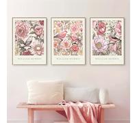 GLWDMB 3 Pieces 50x70cm Nordic Plant Botanical Wall Painting Set, William Morris Pink Flowers, Leaf, Bird Canvas Prints and Posters, Wall Pictures for Living Room Bedroom(without frame)