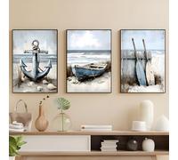 GLWDMB Vintage Nautical Wall Painting Set, Ocean-Themed Decor with Anchor, Sailboat, and Oars, Canvas Prints and Posters, Wall Pictures for Living Room Bedroom(with inner frame)