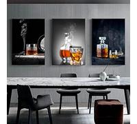 GLWDME Bar restaurant canvas print wine glass canvas painting whiskey bottle cigar poster living room kitchen home wall decoration Framed, 3 Pieces