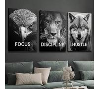 GLWDME Eagle, Lion and Wolf Canvas Wall Art, Inspirational Focus, Discipline, Hustle Phrases Office Decor Pictures, Posters and Prints, Wall Painting for Living Room(without frame)
