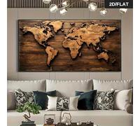 GLWDME Retro Earth Canvas Wall Art, World Map Design with Golden-Brown Wood Grain Texture, Posters and Prints, Wall Painting for Living Room（with Inner frame）