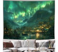 GLWDMH Aurora Borealis Norwegian Town Tapestry, Polyester Wall Hanging, for Bedroom, Office, Dorm, Party Decor, with Installation Package
