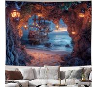 GLWDMH Mystical Cave and Pirate Ship Tapestry Wall Hanging, Polyester Tapestries, for Bedroom, Office, Dorm, Party Decor, with Installation Package