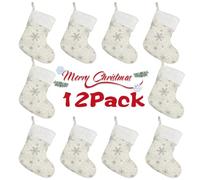 GlyinnHe 12Pack Christmas Mini Stockings, 7 inches Xmas Stocking with Glitter Snowflake Classic Stocking Decorations for Christmas Tree Ornament Decorations Gift Holder (White with Silver Snowflake)