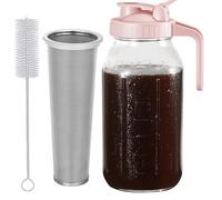 Glyntrof Cold Brew Coffee Maker Pitcher, Pink 64 Oz Heavy Duty Wide Mouth Glass Mason Jar pour spout Lid with Stainless Steel Filter for Iced Coffee, Ice Drinks