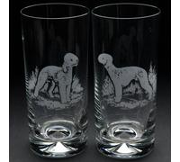 Glyptic Glass Art Bedlington Terrier Dog Highball Glass - Hand Etched/Engraved Gift - Pair